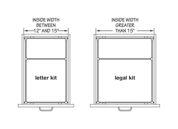 File Frame kits from CompX Timberline, come in letter or legal sizes and work on wood and metal drawer boxes